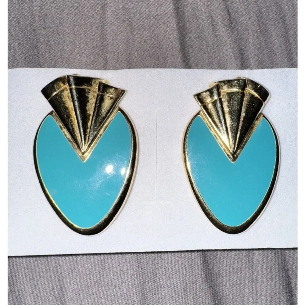 EARRINGS VTG 1980's Art Deco Turquoise Enamel 1.5
